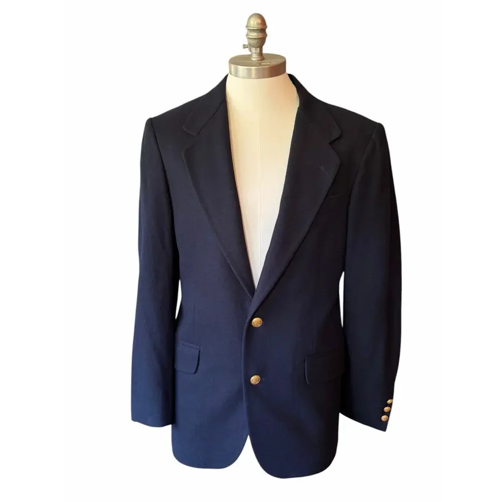 Banana Republic Mens Navy Blue Wool Blazer Jacket 38R Brass Buttons Preppy Suit